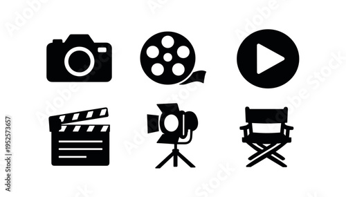 Six solid black media icons on rounded white tiles labeled camera, film reel, play button, clapperboard, spotlight, and director chair, bold simple silhouettes for ui or signage.