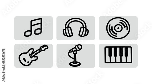 Six black music icons in rounded rectangles including a music note, headphones, vinyl record, electric guitar, microphone, and piano keys in a minimalist style.