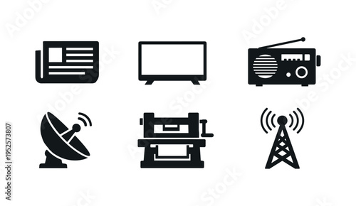 Six solid black media icons on white background with short labels, representing print and broadcast channels in a minimalist style.