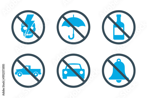 Prohibition signs with various symbols  no smoking  drinking  umbrella  car  bell