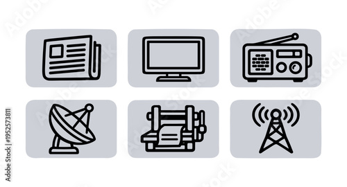 Six outlined media and broadcast icons inside rounded tiles with labels, showing newspaper, tv, radio, satellite, printing press and broadcast tower.