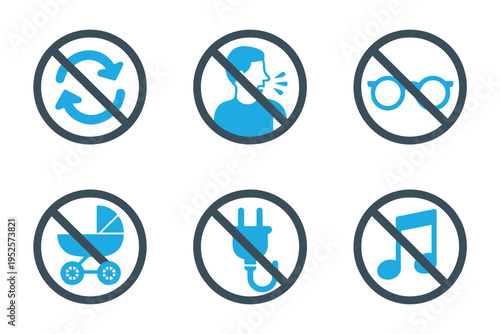 Prohibited signs icons set with various restricted actions and objects