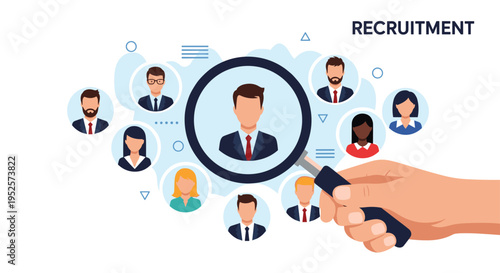 Recruitment and talent search concept showing a hand with magnifying glass selecting the best job candidate.