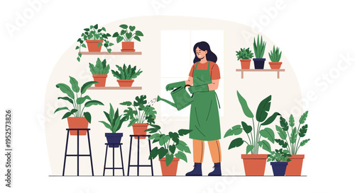 Young woman watering various green potted houseplants inside a bright room to maintain an indoor garden.