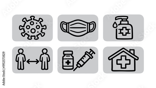 Six rounded square line icons in black on white showing virus, face mask, hand sanitizer, two people with 2m distance, vaccine vial and syringe, and a quarantine house, for signage or health design.