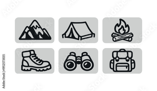 Six black outline outdoor icons in rounded white tiles, lightweight line art ideal for maps, guides, or travel apps.