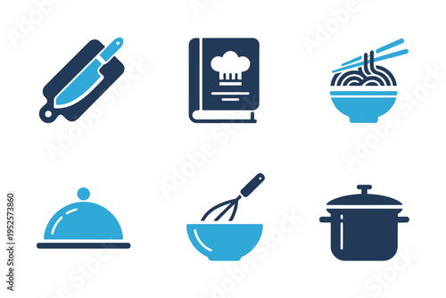 Kitchen cooking utensils and food icons set for restaurant or recipe design  various blue symbols