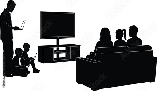 Black silhouette of family members watching television and using laptops in living room representing modern technology usage and digital lifestyle.