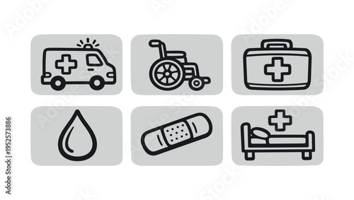 Clean black and white health and emergency icons in rounded square tiles, outline style with clear labels, useful for medical ui or signage.