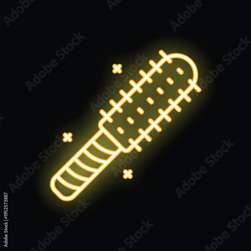 Glowing neon outline of a baseball bat with metal spikes, a threatening symbol of violence and aggression