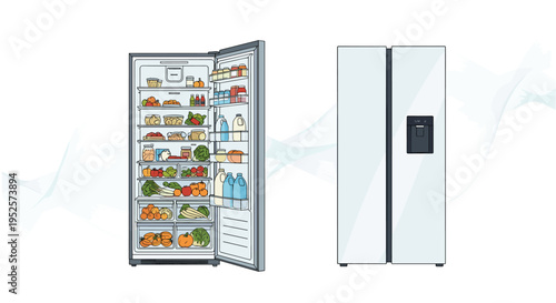 Comparison between an open refrigerator stocked with fresh food and a closed modern double-door white fridge.