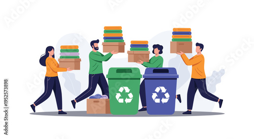 Diverse group of people recycling old clothes by placing them into green and blue bins with recycle icons.