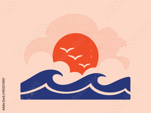 Vibrant sunset over ocean waves with flying birds  serene natural scenery