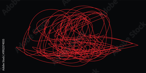 Abstract Black And Red Scribble Pattern. Scribble Line Doodle. Abstract Anxiety Doodle. Hand Drawn Complicated Concept Illustration For T-Shirt, Fabric, Wrapping Paper, Or Wallpaper.