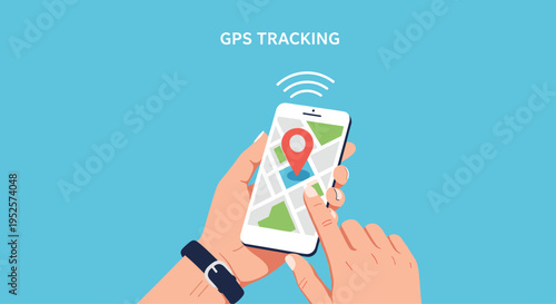 Gps tracking and mobile navigation concept with hands holding a smartphone displaying a map and location pin.