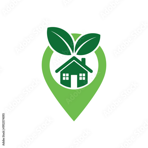Green house with leaves on a map pin icon for eco friendly real estate
