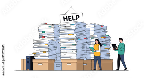 Overwhelmed office employees standing by a massive pile of paperwork with a sign asking for help.