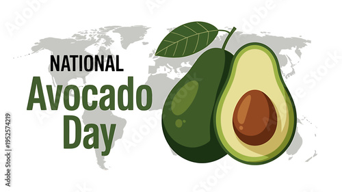 National Avocado Day celebration with whole and halved avocado fruits and leaf on white background