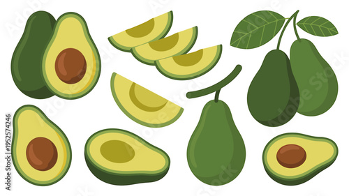 Avocado fruit and slices isolated on white background for healthy eating and recipes