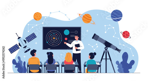 Classroom teacher explaining astronomy and solar system planetary orbits to a group of attentive students.