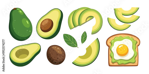 Avocado slices and toast with egg on white background