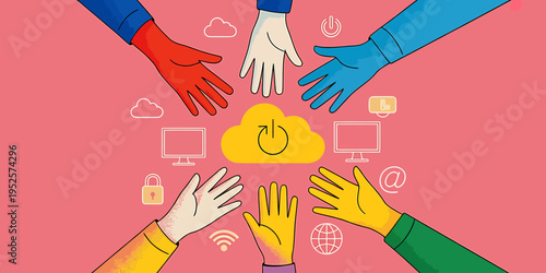People hands reaching for cloud computing technology and internet connection