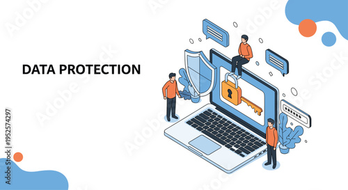 Cybersecurity and data protection isometric illustration showing people securing a laptop with a large lock.