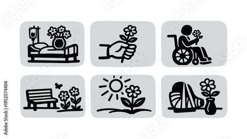  nurse holding flower, patient in wheelchair with flower, therapy garden bench, sun and growing flower, and injured arm with flower in a medical support style.