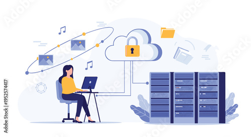 Cloud computing and database storage concept showing a woman working on computer next to server racks.