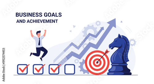 Business goals and achievement strategy illustration featuring a jumping man target and giant chess piece.