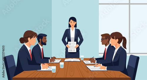 Professional woman leading a corporate business meeting while colleagues take notes around a wooden conference room table.