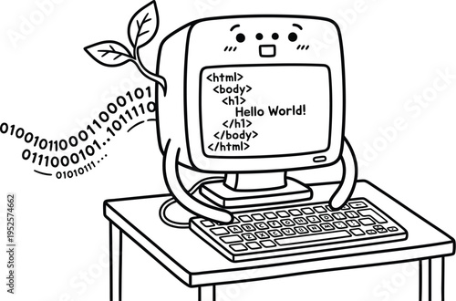 Cute computer character coding with binary data and plant