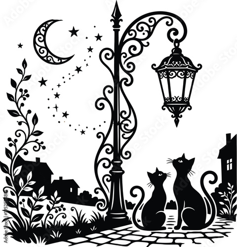 Vintage illustration of cats under a street lamp at night