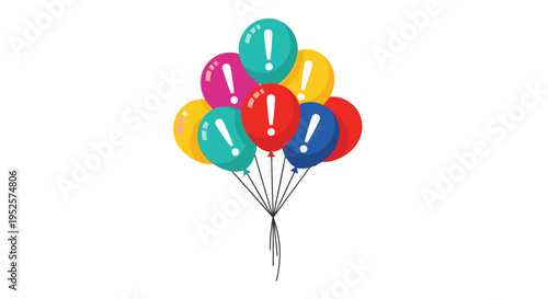Cluster of colorful party balloons featuring white exclamation marks symbols to grab attention for special announcements.