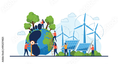 People working together on a green earth globe with a large footprint to promote renewable energy and carbon neutrality.