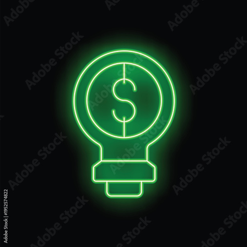 Neon green light bulb is glowing with a dollar sign inside, representing a profitable business idea