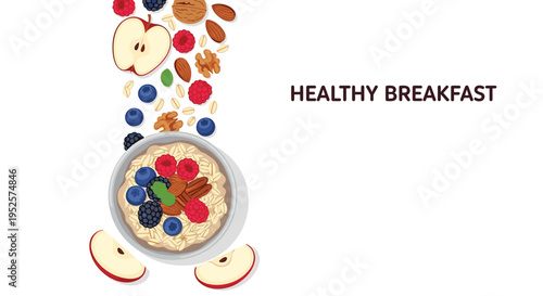 Healthy breakfast bowl of oatmeal porridge topped with fresh blueberries raspberries and nuts for a nutritious meal.