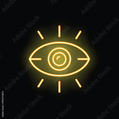 Yellow neon sign of an eye glowing on a black background