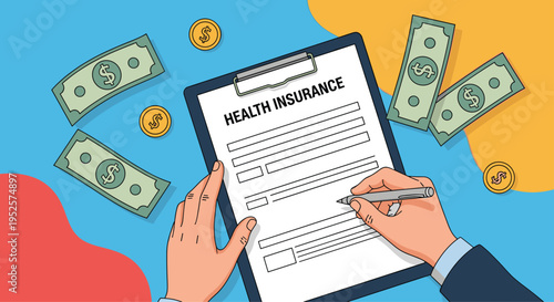 Top view of human hands signing a health insurance application form with dollar bills and coins scattered on the table.