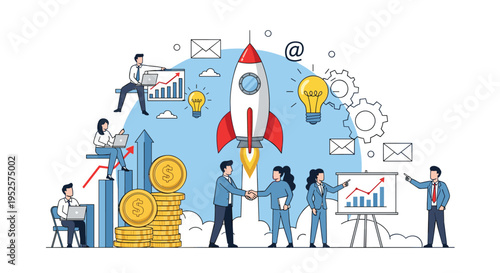 Dynamic startup business concept with a rocket launch surrounded by people working on charts gears and investments.