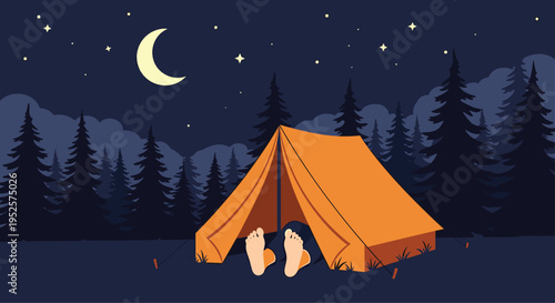 Cozy camping scene at night with a tent under a crescent moon and starry sky in a dark forest with pine trees.