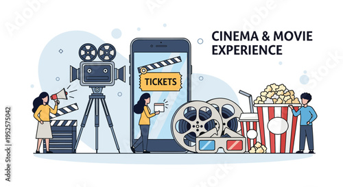 Cinema and movie experience concept showing a smartphone screen with tickets surrounded by popcorn soda and film reels.
