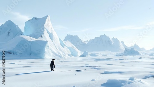 A solitary emperor penguin stands on a vast frozen ice field surrounded by majestic white icebergs and snow-covered mountains in Antarctica