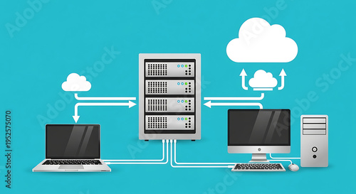 Computer network diagram shows devices connected to server and cloud storage
