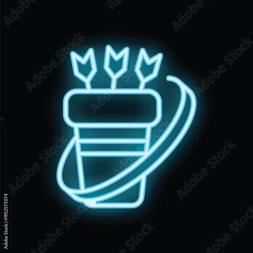 Blue neon glowing symbol of a quiver with arrows on black background