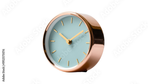 Photos Isolated modern minimalist rose gold alarm clock with a mint blue face and gold