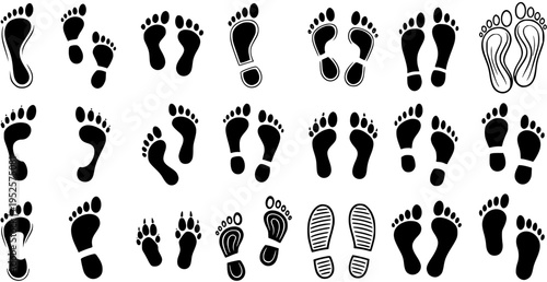 Black and White Footprint Icons Vector Set, Human and Animal Traces