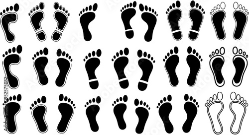 Black and white footprints icons set, human steps, sole imprints, line art, vector illustration