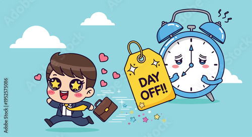 Cartoon businessman running away from an alarm clock with a day off tag on a light blue background with clouds.
