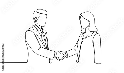 A minimalist line art illustration of a man and woman shaking hands